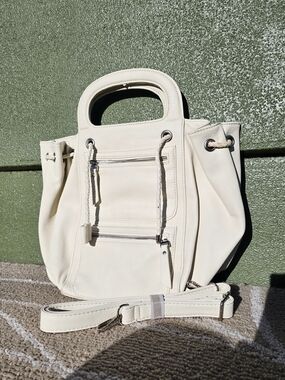 Cream Leather Shoulder Bag with Top Handles and Detachable Strap